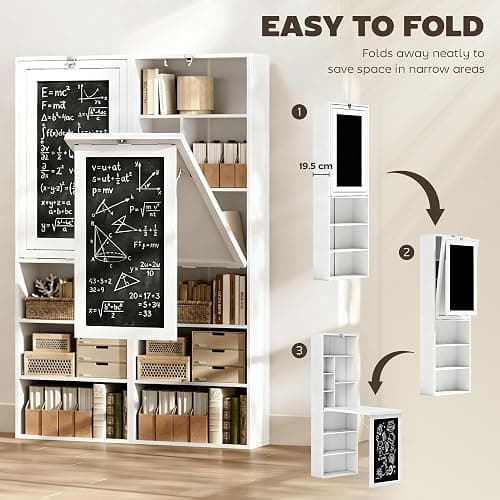 HOMCOM Foldable Convertible Writing Table, Wall Mounted Space-Saving Computer Desk with Chalkboard and Storage Shelves for Small Spaces, Home Office, Bedroom, Dorm, Apartment, White thumbnail 4