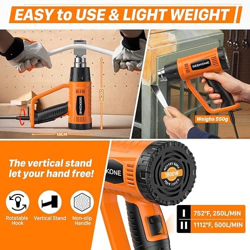 SEEKONE Heat Gun 1800W with 1112℉&752℉ 2 Temperature Settings for Crafting | 2-Speed Airflow 500/250L/min, Ergonomic Handle, Overheat Protection, 4 Nozzles For Vinyl Wrap, Shrink Wrap, Paint Removal thumbnail 3