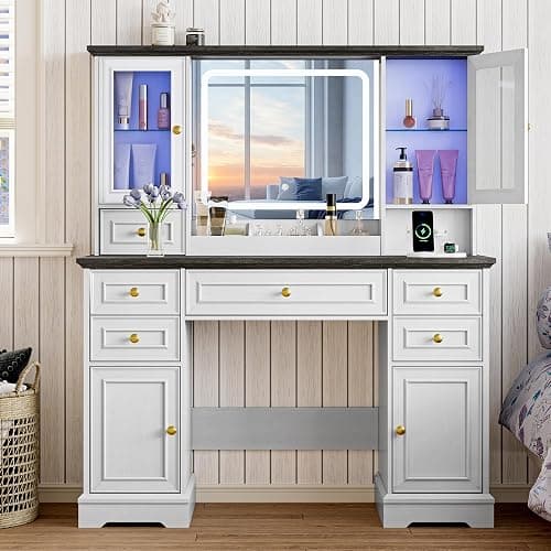 Xixini 43.3" Farmhouse Vanity Desk with LED Mirror, RGB Cabinets, White | Makeup Vanity Table with 6 Drawers, Storage Cabinets & Open Shelves, Power Outlet, 3 Light Modes & Dimmable for Women & Girls thumbnail 7