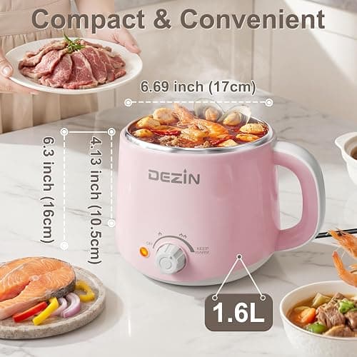 Dezin Hot Pot Electric, Rapid Noodles Cooker, Stainless Steel Electric Pot 1.6 Liter, Perfect for Ramen, Egg, Pasta, Dumpling, Soup, Porridge, Oatmeal with Temperature Control and Keep Warm Function thumbnail 3