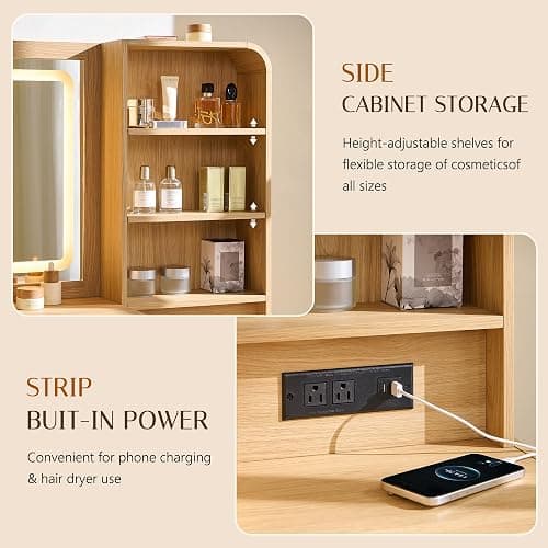 wow97e 50" Makeup Vanity Desk with 35.43" Mirror and Lights, Large 5 Drawers Makeup Table with Adjustable Shelves and Charging Station, 3 Lighting Modes for Women and Girls, Bedroom or Dorm, Natural thumbnail 6