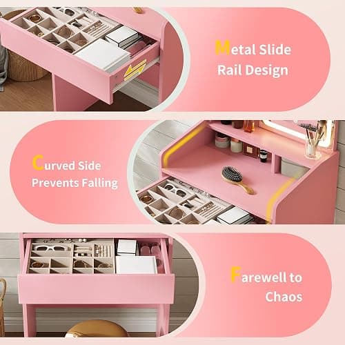 Downing Small Vanity Desk with Mirror and Lights, Makeup Vanity with Drawer & Storage Shelves, Makeup Desk with 3 Lighting Modes & Adjustable Brightness, Dressing Table for Women Girls Bedroom Pink thumbnail 6