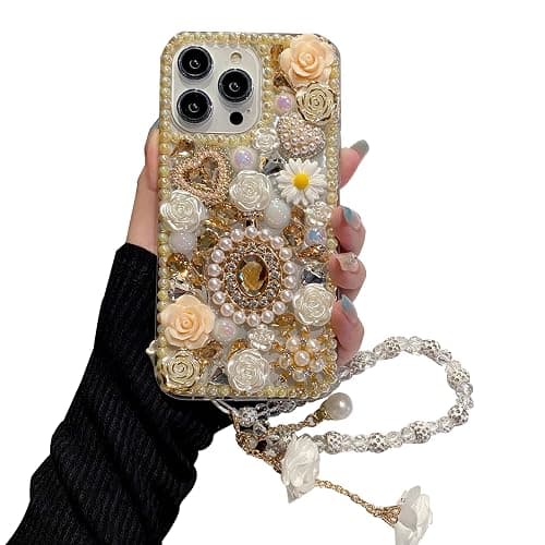 iFiLOVE for iPhone 14 Pro Bling Diamond Case with Flower Strap, 3D Luxury Sparkle Glitter Crystal Rhinestone Pearl Love Rose Wristband Bracelet Case Cover for Girls Women Kids (Champagne) - Image 1