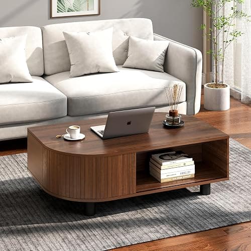 sunmiler Mid-Century Modern 39.4" Coffee Table - Leaf-Shaped Wood Center Table with Storage, Retro Fluted Central Table with Sliding Door & Large Hidden Compartment, for Living Room, Office, Walnut - Walnut - Image 1