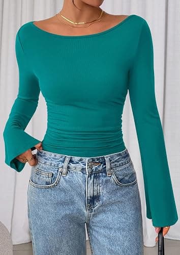 PRETTYGARDEN Women's Long Sleeve Shirts 2025 Fall Crop Going Out Tops Casual Boat Neck Bell Sleeve Ribbed Ruched Y2K Clothes thumbnail 7