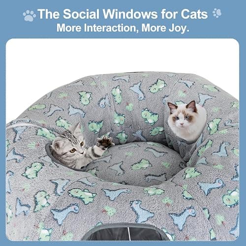 Cat Tunnel Bed, Foldable Cat Donut Tunnel with Removable Cushion & Toy Ball, Stress Relief Fun, Round Pet Play Tunnel for Indoor Cats, Kittens and Small Pets (3D Dinosaur Pattern) thumbnail 5