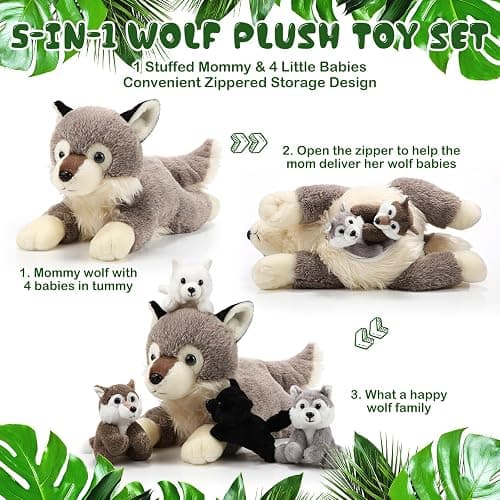 Shappy 5 Pieces Soft Wolf Stuffed Animal Family Set – 16 Inch Large Mommy Plush with 4 Small Baby Plushies on Galentines Valentines Day Easter Birthday Exchange Gifts for Kids Boys Girls thumbnail 4