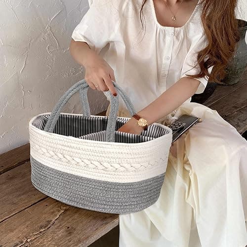 Maliton Baby Windel Caddy Organizer，Wickeltisch Organizer Aufbewahrungskorb mit Herausnehmbaren Fächern，Robuster Tragbarer Baumwollseil Windeltasche als Babyparty Geschenk，Grau - Grau - M thumbnail 7