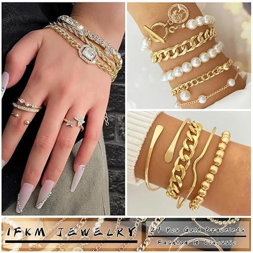 IFKM 6 PACK (24 PCS) Boho Gold Chain Bracelets Set for Women, 14K Gold Plated Multiple Layered Stackable Open Cuff Wrap Bangle Adjustable Link Italian Cuban Jewelry for Women Gift thumbnail 2