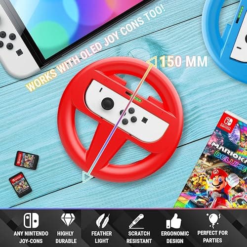 Orzly Steering Wheels for Nintendo Switch & OLED JoyCons, Racing Wheels for Mario Kart 8 Deluxe [Mariokart Switch Steering Wheel Joycon Controller Attachment Accessories] - TWIN PACK[1x Red & 1x Blue] thumbnail 6
