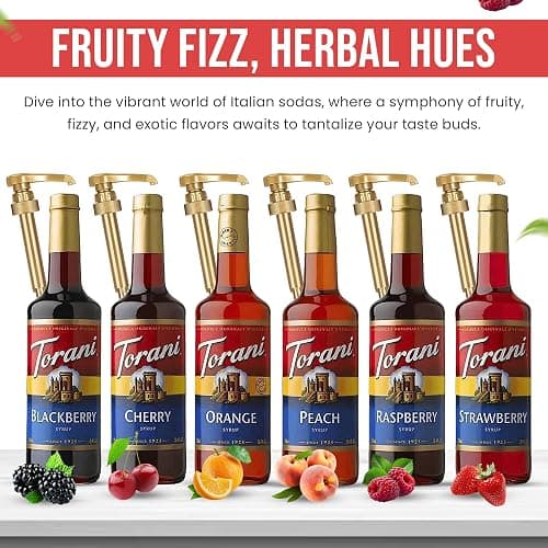 Jimoco Syrup Pump & Torani Syrup Bundle - Fruit Bowl Syrup 6 Pack Summer Flavors, Raspberry, Strawberry, Blackberry, Cherry, Orange and Peach - For Italian Soda Coffee, Lattes, Frappes With 6 Pump Dispensers thumbnail 6