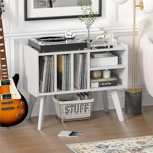 Forevich Record Player Stand Table with Vinyl Storage Holder Large Turntable Record Stand with Power Outlet Holds Up to 220 Albums Display Shelf Cabinet with Wood Legs for Living Room White - White thumbnail 8