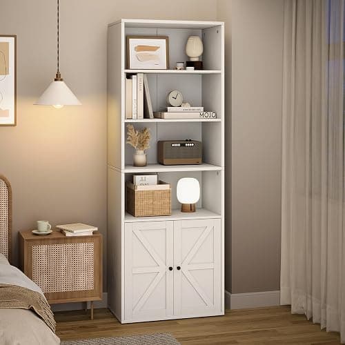 IDEALHOUSE Bookcase with Doors Industrial Bookshelf 11.8in Depth Display Storage Shelves 71.4in Tall Farmhouse Bookcases Wooden 6 Shelf Bookshelvels for Bedroom, Living Room, Home Office (White) - White thumbnail 7