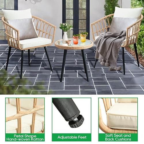 PORWEY 3 Piece Patio Bistro Set, Outdoor Wicker Apartment Balcony Furniture Sets, Rattan Table and Chairs Set of 2 for Porch Backyard Lawn Poolside Deck, Beige thumbnail 6