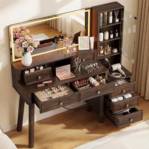 Furmax 48" Makeup Vanity Desk with Large Mirror and Lights,Big Wood Vanity Table with 5 Drawers＆Glass Storage Cabinet with Adjustable Shelves,Dressing Table with Charging Station for Bedroom (Walnut) thumbnail 8
