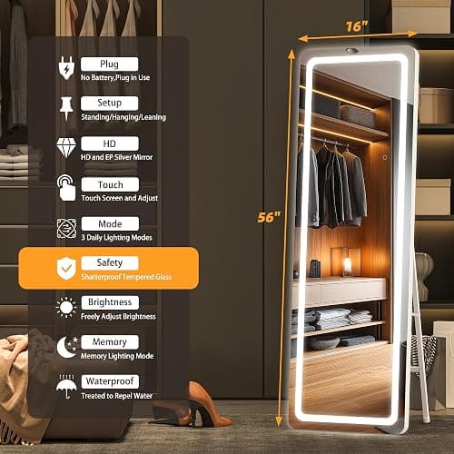 Hasipu Full Length Mirror with Lights, 56" x 16" LED Floor Mirror, Full Body Dressing Standing, Hanging Mounted Mirror for Living Room Bedroom Cloakroom, Round White thumbnail 2