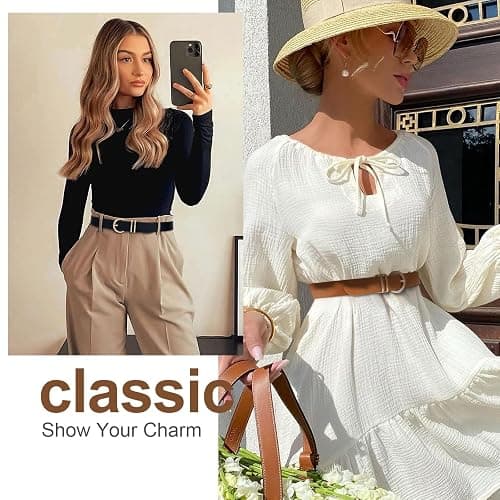 VONMELLI 2 Pack Women's Leather Belts for Jeans Dresses Fashion Gold Buckle Ladies Belt thumbnail 3