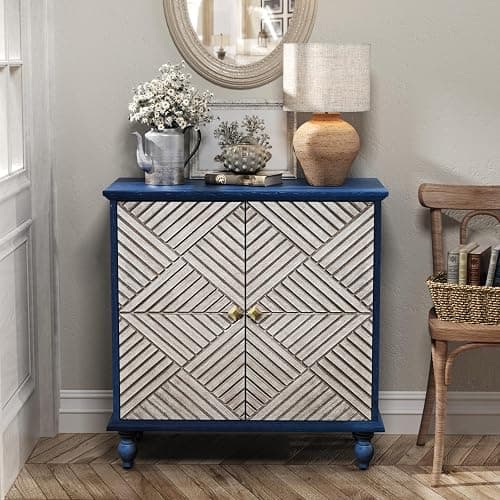 BHAODEAL Antique Wood Carved Accent Cabinet with 2 Doors, Rustic Sideboard Buffet Cabinet with Storage, Antique Credenza for Living Room Entryway Kitchen (Navy Blue) thumbnail 7