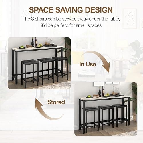COCLUB Bar Table Set for 3, 60.2” Faux Marble Behind Couch Table Set, Modern Sofa Table with 3 Upholstered PU Stools, Space-Saving Bar Tables and Stools for Home, Apartment, Small Spaces (Black) thumbnail 7