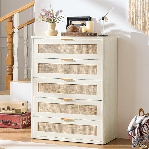 LEYAOYAO Rattan Dresser for Bedroom 41" Tall Chest of Drawers, Modern 5 Drawers Boho Dressers with Storage, Light Oak Dresser Wooden Closet Organizer for Living Room, Hallway, Grey White thumbnail 7