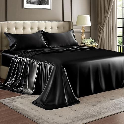 BEDELITE Satin Sheets Full Size Bed Set, Luxury Soft Black Silky Sheets for Hair and Skin, Similar to Silk Bed Sheets Set 4 Pieces with 1 Deep Pocket Fitted Sheet, 1 Flat Sheet, and 2 Pillowcases thumbnail 2