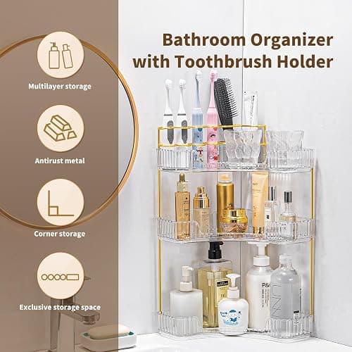 NATURE'S SOURCE Makeup Organizer for Vanity, 3-Tier Corner Bathroom Organizer Countertop with Makeup Brush Holder, Corner Counter Storage for Bathroom, Dresser, Kitchen（Clear thumbnail 5