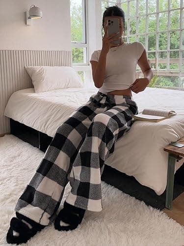 Women's Warm Fleece Pajama Pants Y2K Fluffy Plush Cute Printed Elastic Waist Winter Warm Soft Pj Bottoms Checkered thumbnail 5