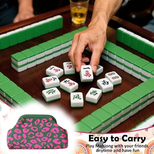 Sunnymove Mahjong Tile Bag Green Pink Leopard Print | Mahjong Woven Clutch Bag, Mahjong Storage, Woven Clutch for Vacation, Summer Beach Evening Purse for Women thumbnail 5