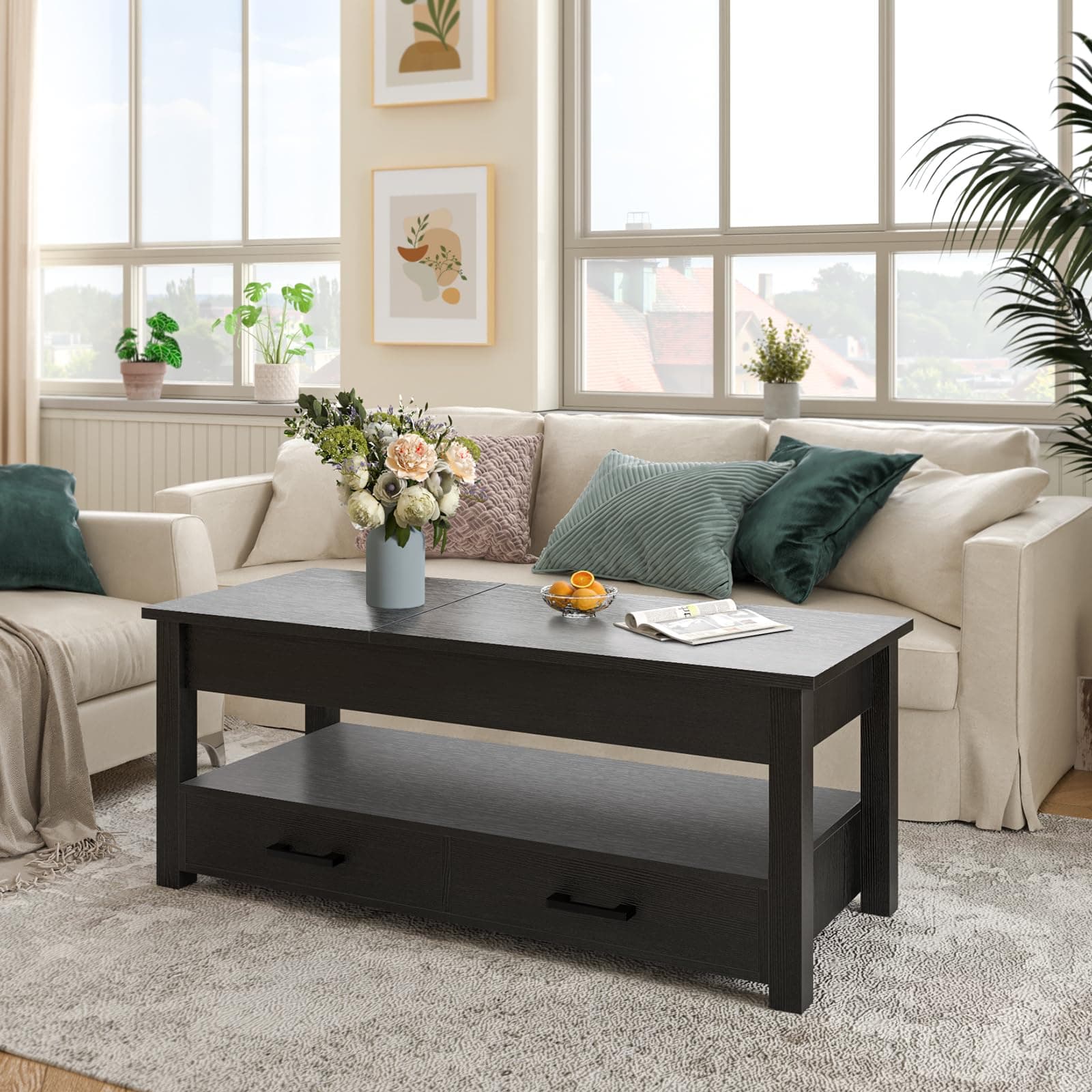 FABATO Mesa de Centro para Sala - De Madera con Doble Elevación - 2 cajones de Almacenamiento - Varilla de Estrés - Ideal como Mesa para Cafe o Mesa Auxiliar (Negro) - Negro thumbnail 2