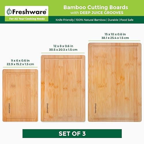 Freshware Wood Cutting Boards for Kitchen - Bamboo Cutting Board Set of 3, Cutting Boards with Juice Grooves, Serving Board Set, Chopping Board for Meat, Veggie, Easy Grip Handle (9x6, 12x8, 15x10) thumbnail 2