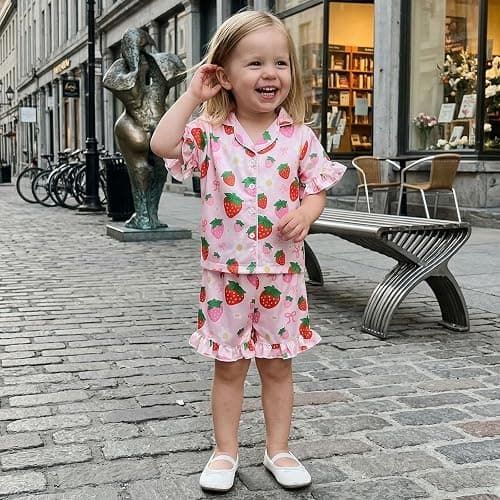 Kavousa Toddler Baby Girls Birthday Pajamas Donut Cake Bow Print Ruffle Shirt Shorts Little Girls Summer Sleepwear Outfits thumbnail 2
