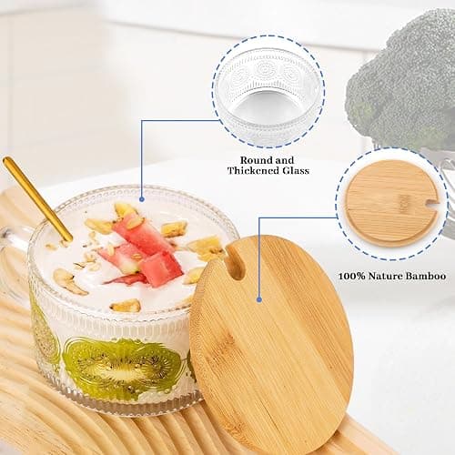 Vintage Glass Coffee Mugs 4 Set, 14oz Overnight Oats Containers with Bamboo Lids and spoon, Glass Tea Cups, Coffee Bar Accessories, Ideal Birthday, Holiday Gifts for Women thumbnail 5