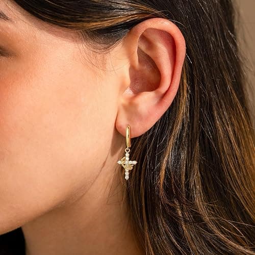 Robaice Gold Crown Cross Earrings for Women - 14K Gold Plated Huggie Hoop Earrings with CZ Diamond Cross Charm Dangle, Religious Christian Jewelry Gifts for Her thumbnail 4