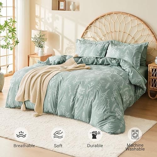MUXHOMO Bed in a Bag Queen 7 Pieces, Sage Green Queen Comforter Set Reversible Botanical Flowers Design, Ultra Soft & Breathable Bedding Sets with Comforter, Sheets, Pillowcases & Shams thumbnail 4