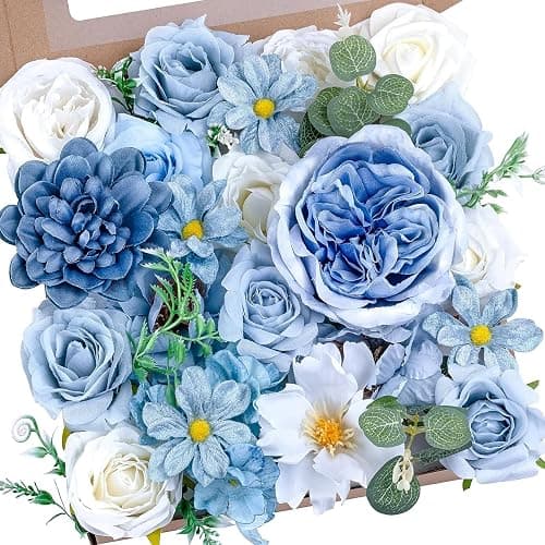 Artificial Blue Flowers Combo Box Set Baby Blue Rose Flowers Bulk Mix Dusty Blue Dahila Peonies Fake Silk Light Blue Flower Bouquets for Wedding Bridal Shower Table Centerpieces Home Party Decor - Image 1