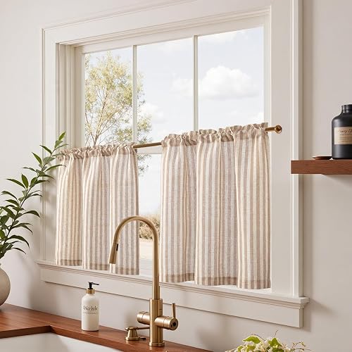 jinchan Striped Linen Kitchen Curtains 24 Inches Length Tier Curtains Farmhouse Modern Cafe Style Small Window Treatments Airy Light Filtering Rod Pocket for Living Room Bathroom 2 Panels Tan thumbnail 3