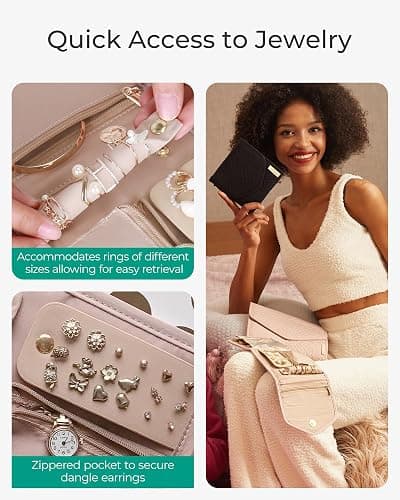 BAGSMART Travel Jewelry Organizer Case Foldable Small Jewelry Roll for Journey Rings, Necklaces, Earrings, Bracelets,Mini,Soft Pink thumbnail 6