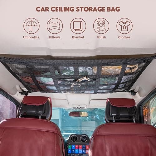 Kaskawise Upgrade Car Ceiling Cargo Net Pocket,31.5"x21.6" Double-Layer Car Roof Storage Organizer,Overhead Net for Truck,SUV & Van Camping,Travel Road Trips,Van Life Essentials thumbnail 6