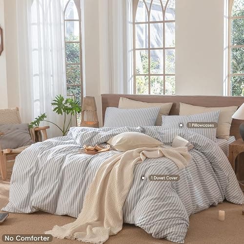 MooMee Striped Duvet Cover Set 100% Washed Cotton Linen Like Textured Breathable Durable Soft Comfy (Cornflower Blue White Classic Stripes, Twin 68"x90") thumbnail 2