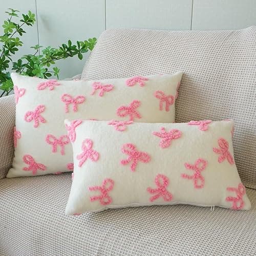YDBDAT Coquette Room Decor Bow Throw Pillow Covers Embroidered Pillow Covers 12x20 Set of 2 Christmas Cute Bowknot Decoration Pillow Cases for Home Bedroom Lumbar Couch Dorm Pink thumbnail 7
