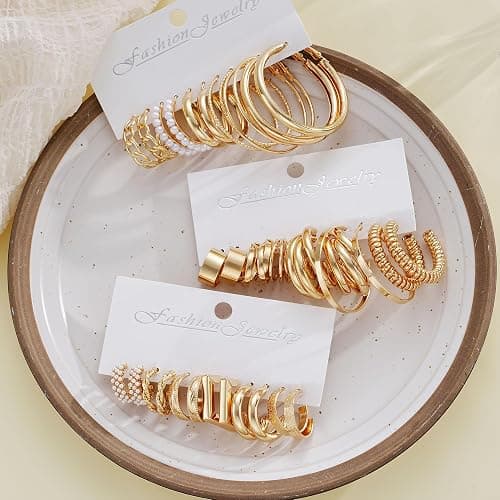 Gold Hoop Earrings Set for Women, 18 Pairs Hypoallergenic Statement Open Pearl Hoops Earring for Multipack, Gold Chunky Hoop Earrings for Women Trendy Jewelry thumbnail 7