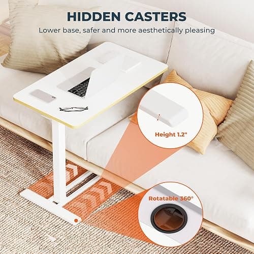 FitStand Medical Overbed Adjustable Bedside Table with Hidden Casters, Pneumatic Mobile Rolling Laptop Standing Desk with Tray for Home and Hospital Use, White thumbnail 5