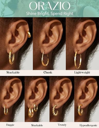 ORAZIO Gold Plated Chunky Hoop Earrings Set for Womens Trendy Silver Dainty Huggie Stacks Lightweight Hoops Earring Tarnish Free Jewelry for Women thumbnail 3