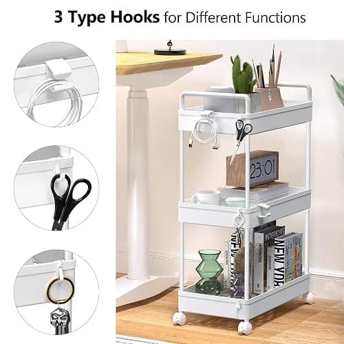 SOLEJAZZ 3 Tier Rolling Storage Cart with Wheels Slim Craft Nail Makeup Snack Art Baby Utility Cart Organizer on 2 Lockable Wheels for Bathroom Laundry Room Kitchen Bedside Narrow Spaces, White thumbnail 3