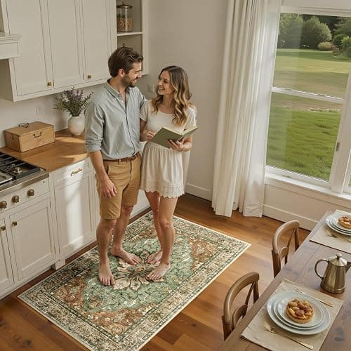 RELEANY Area Rugs 3'x5' Washable Non-Slip, Floral Vintage Distress Print Pattern Medallion Carpet for Living Room Bedroom Dining Room, Brick Red Rust Neutral Brown Burnt Orange Green thumbnail 3