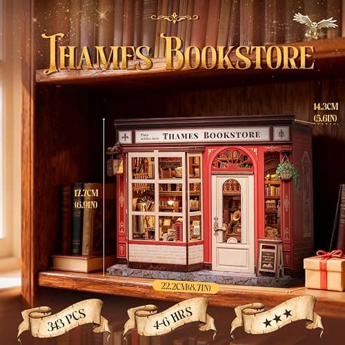 CUTEBEE Book Nook Kit - British Bookstore Magic DIY Miniature House Dollhouse Kit for Adults, Library Booknook Bookshelf Decor 3D Wooden Puzzle, Gifts for Family, Friends(Thames Bookstore) thumbnail 3