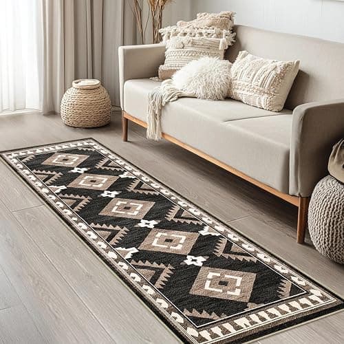 Tijuboni Western Hallway Runner Rug 2x6, Non-Slip Long Runners for Bedroom Kitchen Hall Laundry, Southwestern Area Rugs Washable, Aztec Black-White-Brown - Image 1