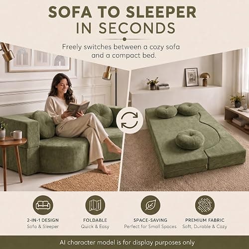 FGNIXLN Woven Fabric Sofa Bed, Convertible Fold Out Floor Couch, Boneless Sofa with 2 Round Cushions, Modular Sleeper Mattress for Living Room Bedroom Guest Room Small Spaces thumbnail 3