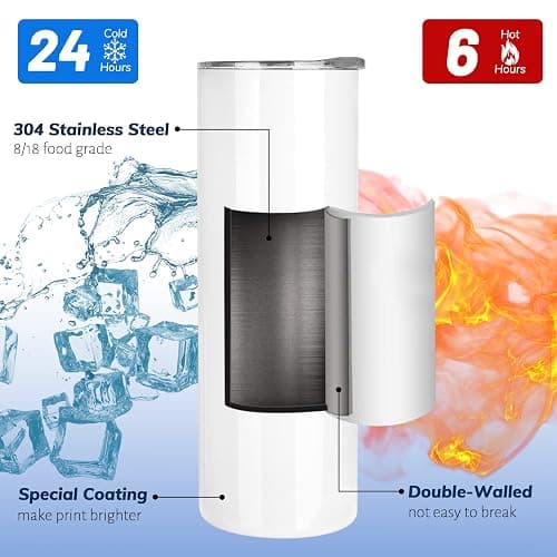 Joyclub Sublimation Tumblers Blanks 20 oz 10 Pack Skinny Straight Tumblers Bulk Stainless Steel Insulated Sublimation Cups with Lid and Straw, Gift Box thumbnail 5