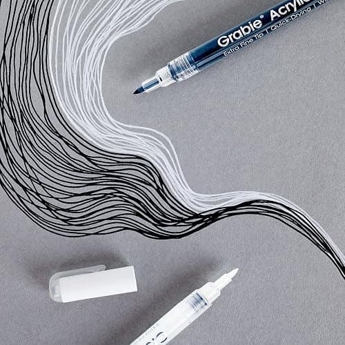 Grabie Black & White Extra Fine Tip Acrylic Paint Marker Set, 6 Pack, 0.7mm Acrylic Paint Pens for Highlights and Fine Details on Drawings, Rock Painting Glass Canvas Wood, White Highlight Markers thumbnail 2